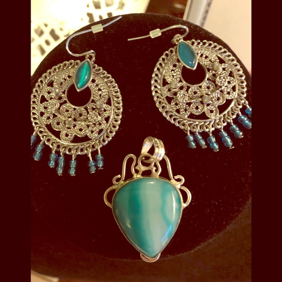 Jewelry - Sterling Silver Pendant Teal Stone and Earrings